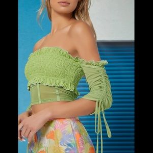 🔥 Ji Yeon Lee Smocked Off-the-Shoulder Ruched Drawstring Crop Top